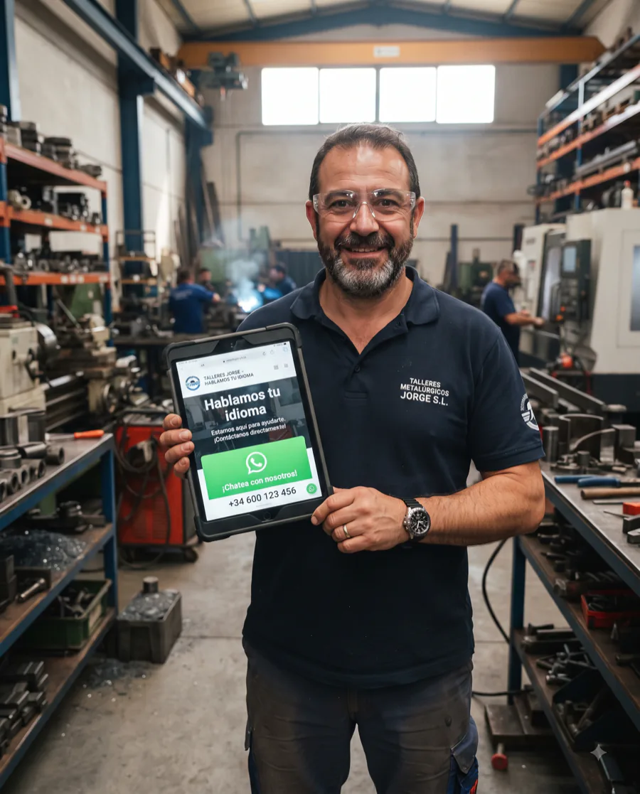 Dueño de un taller metalúrgico de Monterrey mostrando su página web con botón de WhatsApp en una tablet
